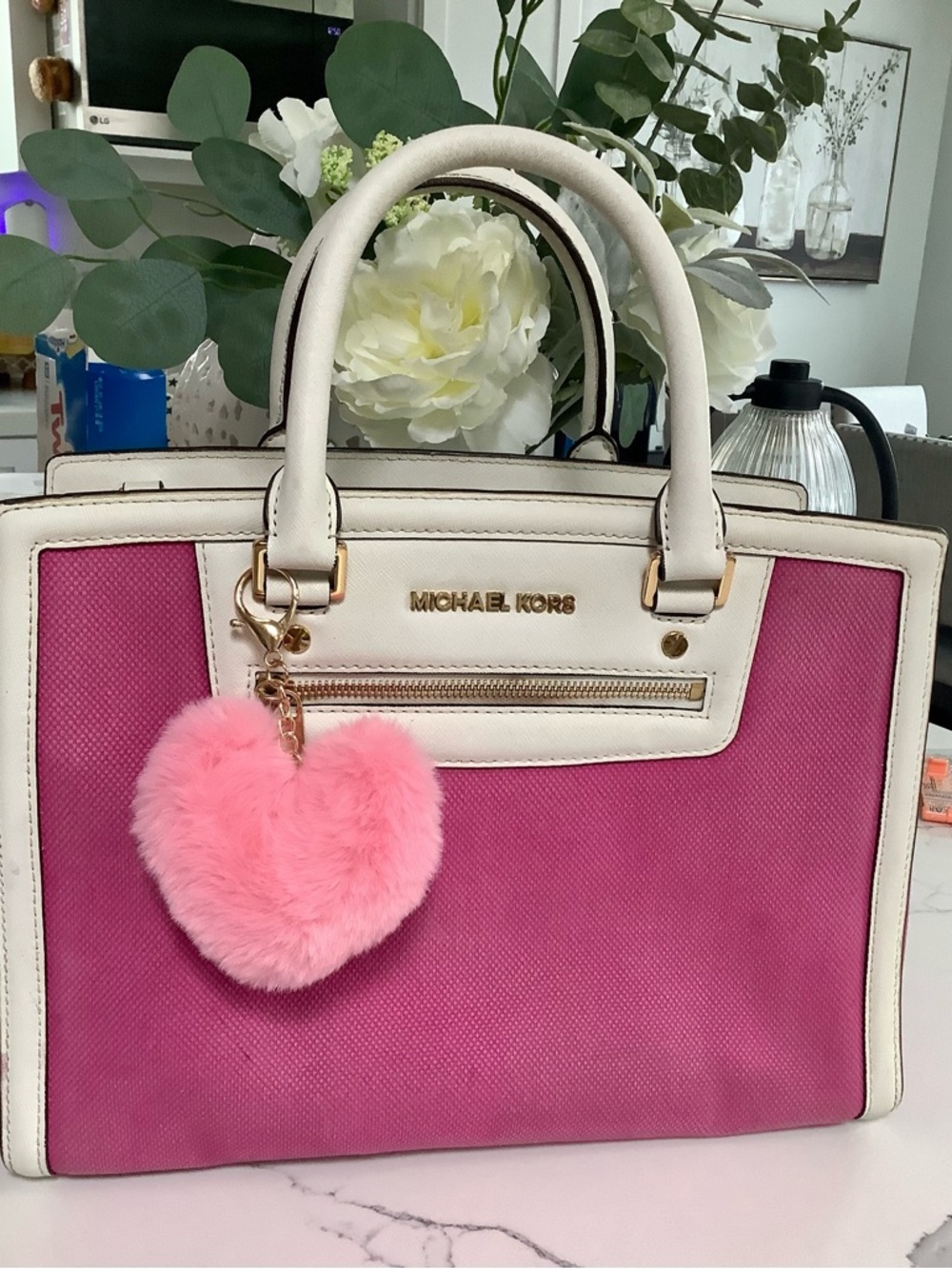 Michael Kors Pink and White Canvas Satchel
